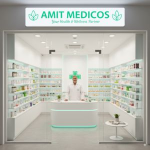 "Amit Medicos pharmacy with a friendly pharmacist, modern medicine shelves, and healthcare products in a bright, clean, and welcoming environment."